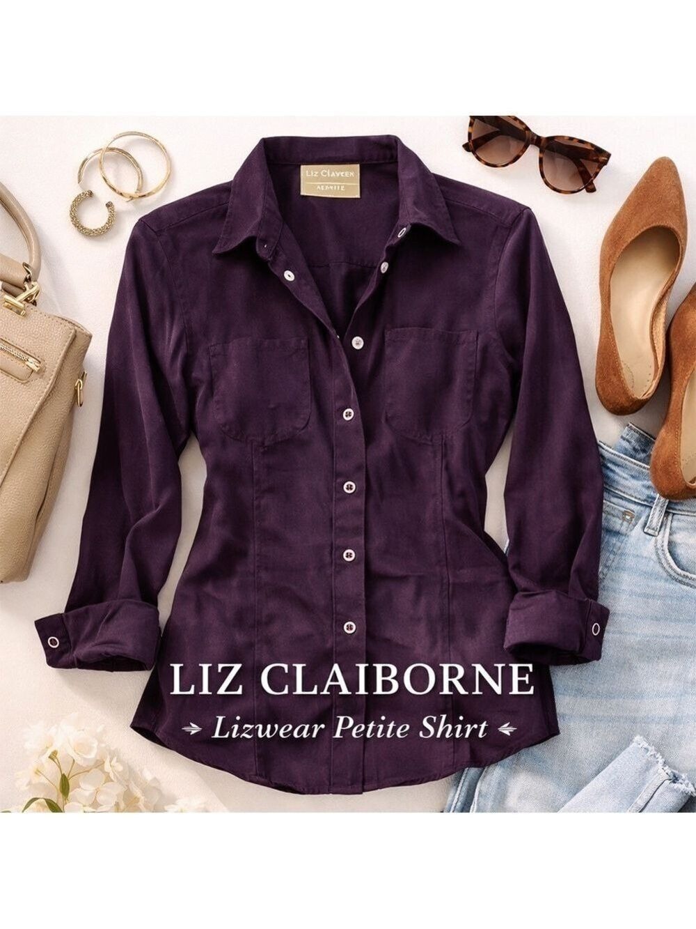 Liz Claiborne Lizwear Petite Button Up Shirt Purple Long Sleeve Small Petite - Picture 10 of 10